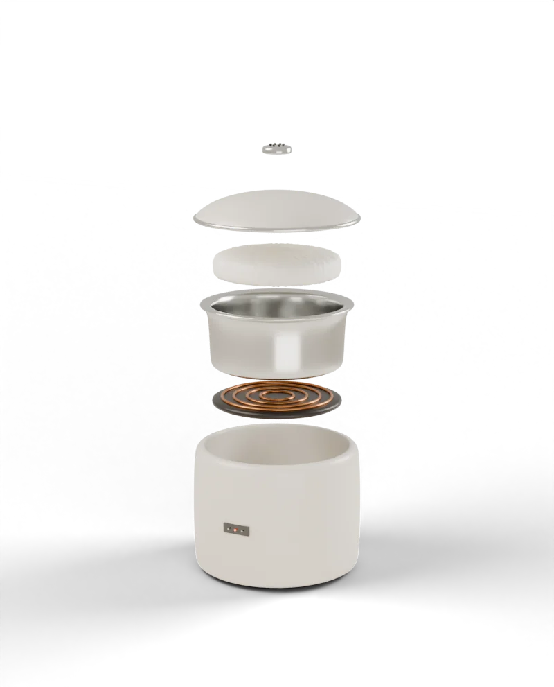 A rice cooker taken apart into its six layers